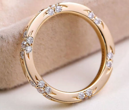 14k solid gold diamond wedding band featuring round brilliant diamonds in a stackable minimalist design for weddings, anniversaries, and everyday wear.