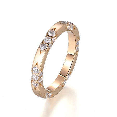 14K solid gold diamond wedding band featuring round brilliant diamonds in a stackable minimalist design for weddings, anniversaries, and everyday wear.