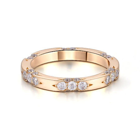 14k solid gold diamond wedding band featuring round brilliant diamonds in a stackable minimalist design for weddings, anniversaries, and everyday wear.