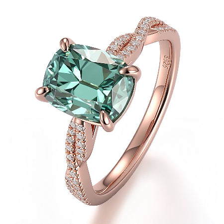 green moissanite engagement ring | cushion cut rose gold ring