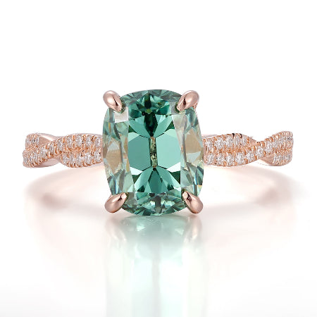 green moissanite engagement ring | cushion cut rose gold ring