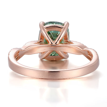 green moissanite engagement ring | cushion cut rose gold ring