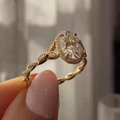 Oval Cut Lab Grown Diamond Ring Halo Set Twisted Band Ring