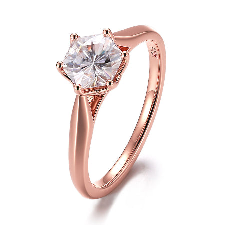 rose gold hexagon moissanite engagement ring – unique geometric solitaire ring for women
