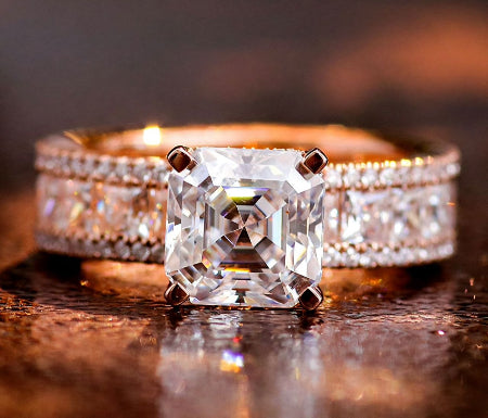 asscher cut hidden halo engagement ring in 14k solid rose gold with pavé diamond band
