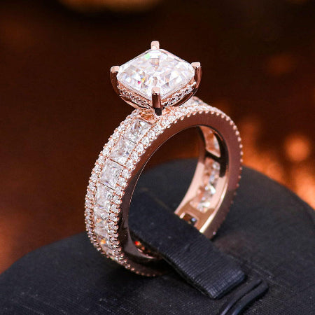 Asscher cut hidden halo engagement ring in 14K solid rose gold with pavé diamond band