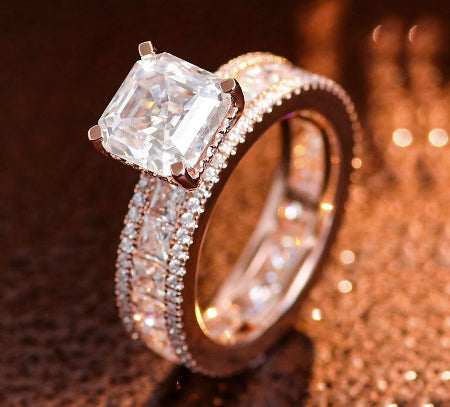 Asscher cut hidden halo engagement ring in 14K solid rose gold with pavé diamond band