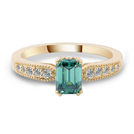 emerald cut green sapphire engagement ring in solid yellow gold with diamond accent band for women