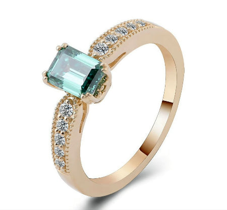 Emerald Cut Green Sapphire Engagement Ring in Solid Yellow Gold with Diamond Accent Band for Women
