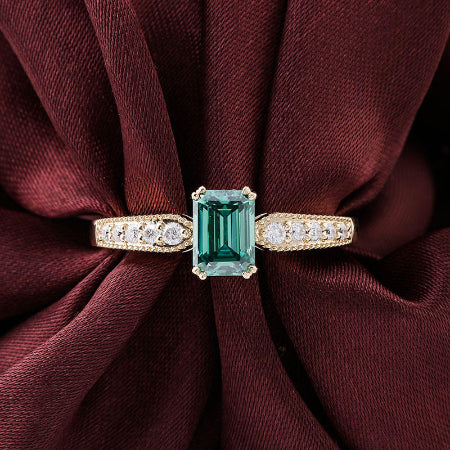 Emerald Cut Green Sapphire Engagement Ring in Solid Yellow Gold with Diamond Accent Band for Women