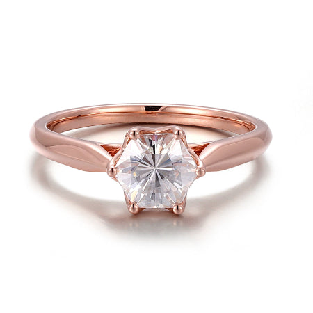 Rose Gold Hexagon Moissanite Engagement Ring – Unique Geometric Solitaire Ring for Women