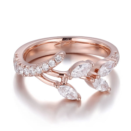 Nature Inspired Marquise Diamond Leaf Open Ring in Solid Rose Gold with Pavé Diamond Band for Women