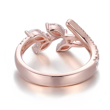 Nature Inspired Marquise Diamond Leaf Open Ring in Solid Rose Gold with Pavé Diamond Band for Women