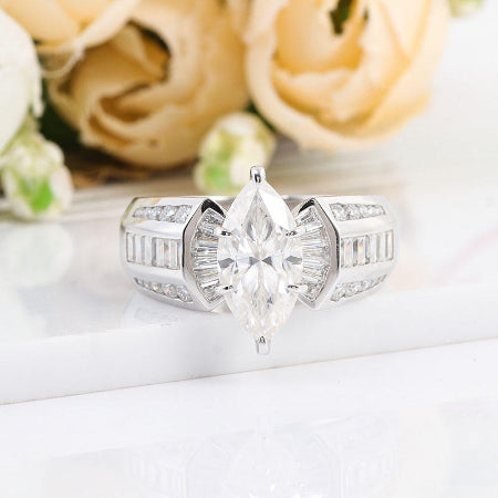 3ct marquise cut moissanite engagement ring in 14k white gold with baguette and round accent stones, vintage luxury bridal ring for women.
