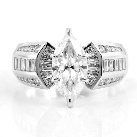 3CT marquise cut moissanite engagement ring in 14K white gold with baguette and round accent stones, vintage luxury bridal ring for women.
