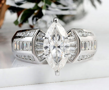3CT marquise cut moissanite engagement ring in 14K white gold with baguette and round accent stones, vintage luxury bridal ring for women.