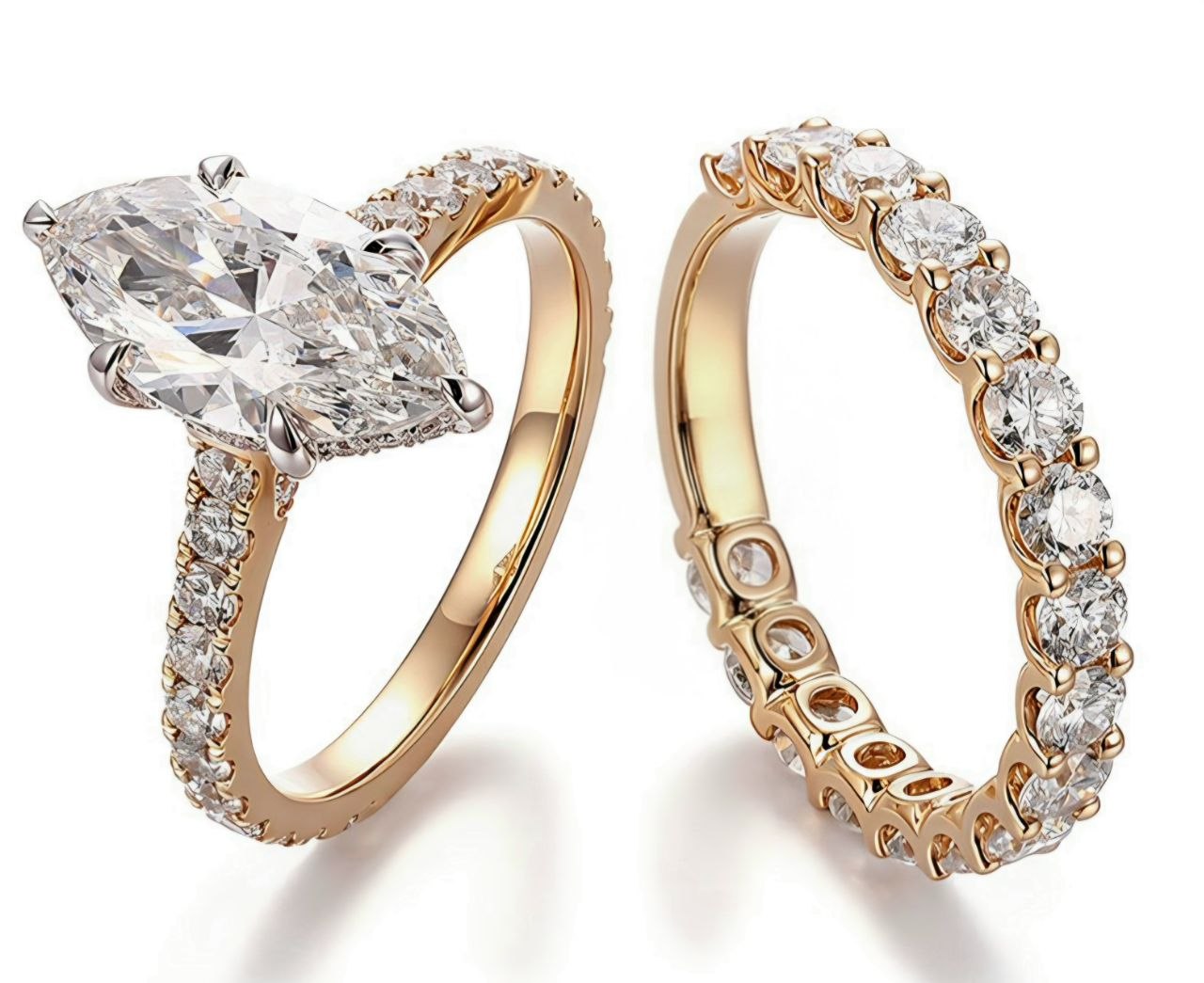 marquise cut moissanite engagement ring set in solid 10k rose gold with hidden halo solitaire and matching eternity wedding band