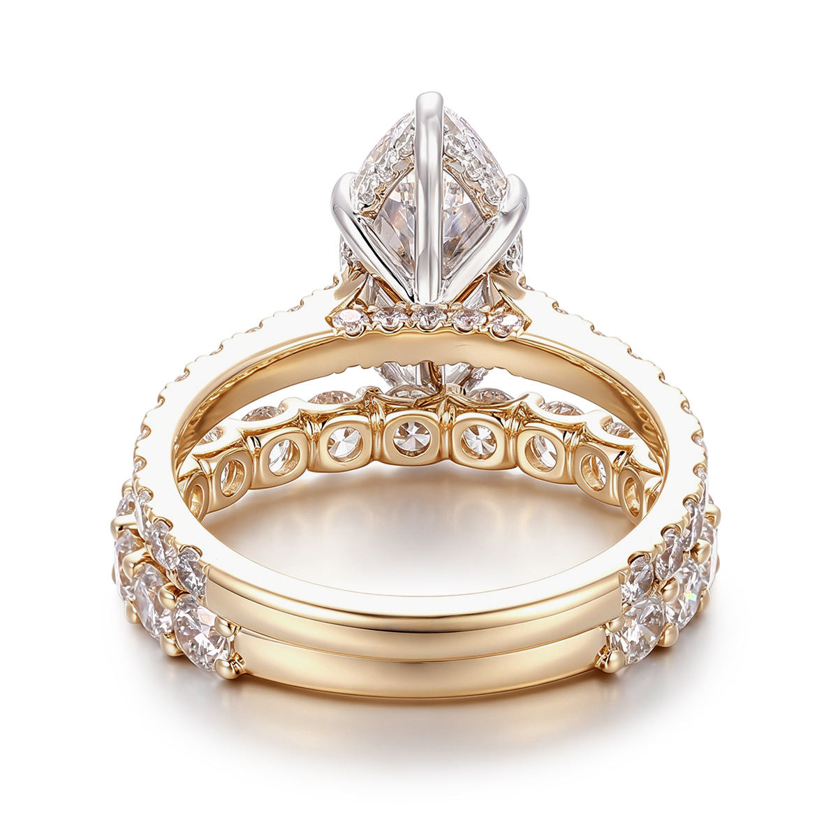 Marquise cut moissanite engagement ring set in solid 10K rose gold with hidden halo solitaire and matching eternity wedding band