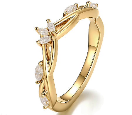 Marquise cut moissanite engagement ring in solid 14K yellow gold featuring nature-inspired leaf cluster accents and a unique solitaire setting.