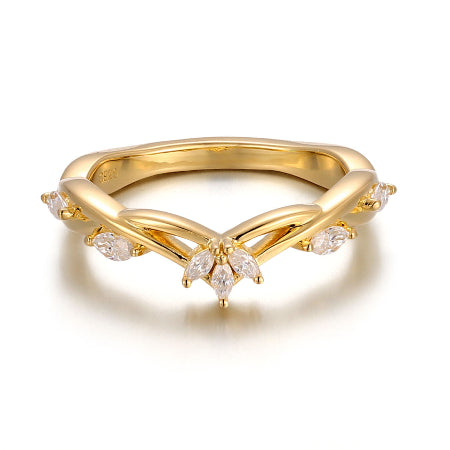 marquise cut moissanite engagement ring in solid 14k yellow gold featuring nature-inspired leaf cluster accents and a unique solitaire setting.