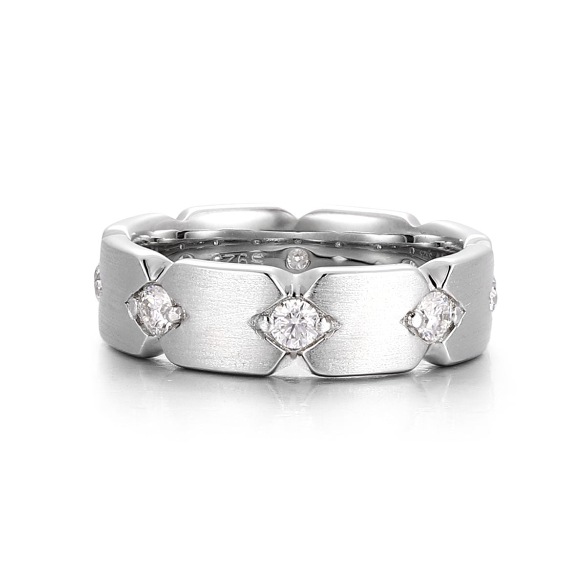men's 14k white gold moissanite wedding band with brushed matte finish, round moissanite diamonds, and modern geometric hexagon design.