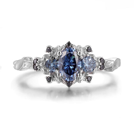 Oval Blue Sapphire Three Stone Engagement Ring with Black Diamond Accents in Solid White Gold for Women