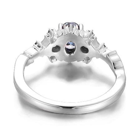 Oval Blue Sapphire Three Stone Engagement Ring with Black Diamond Accents in Solid White Gold for Women