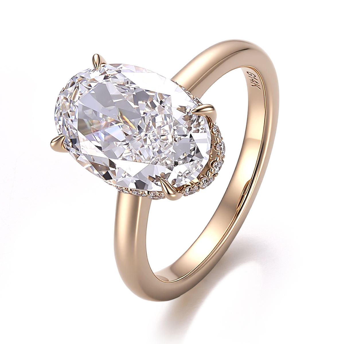 oval cut moissanite engagement ring in solid 14k rose gold with hidden halo solitaire setting for women