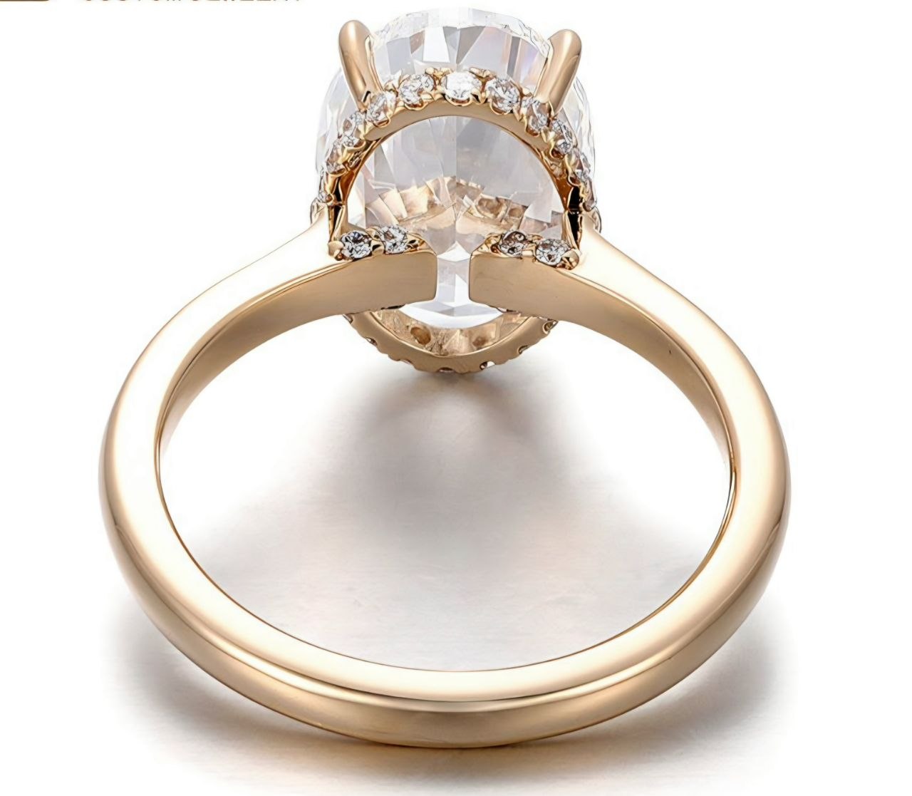 Oval cut moissanite engagement ring in solid 14K rose gold with hidden halo solitaire setting for women