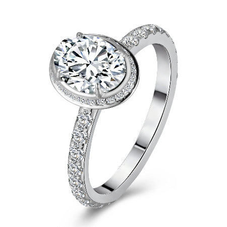 14k solid gold oval halo diamond engagement ring featuring an oval-cut center stone with a pavé diamond band. elegant solitaire bridal ring available in yellow, white, and rose gold.