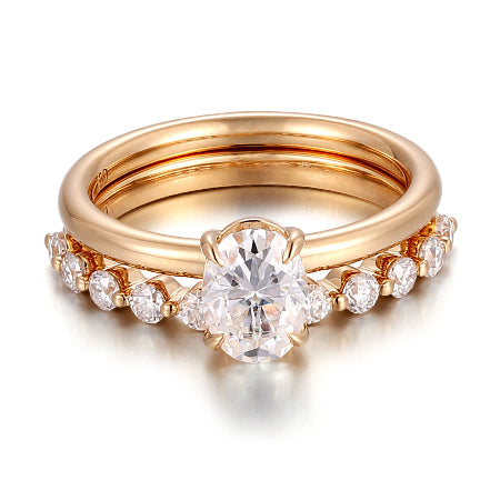Oval cut lab grown diamond engagement ring set with curved diamond wedding band in solid 14K yellow gold handmade bridal ring set for women