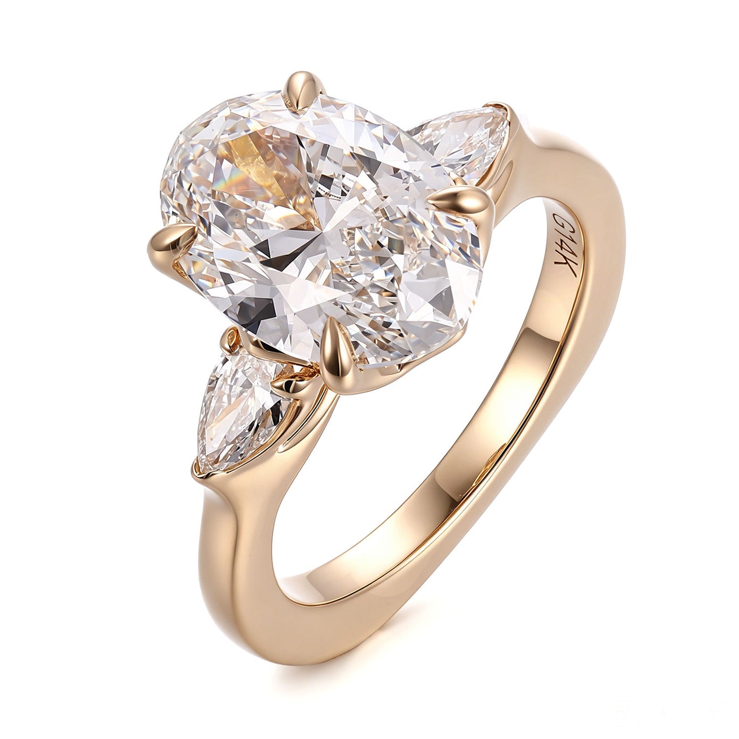 oval moissanite three stone engagement ring with marquise side stones in solid 14k yellow gold