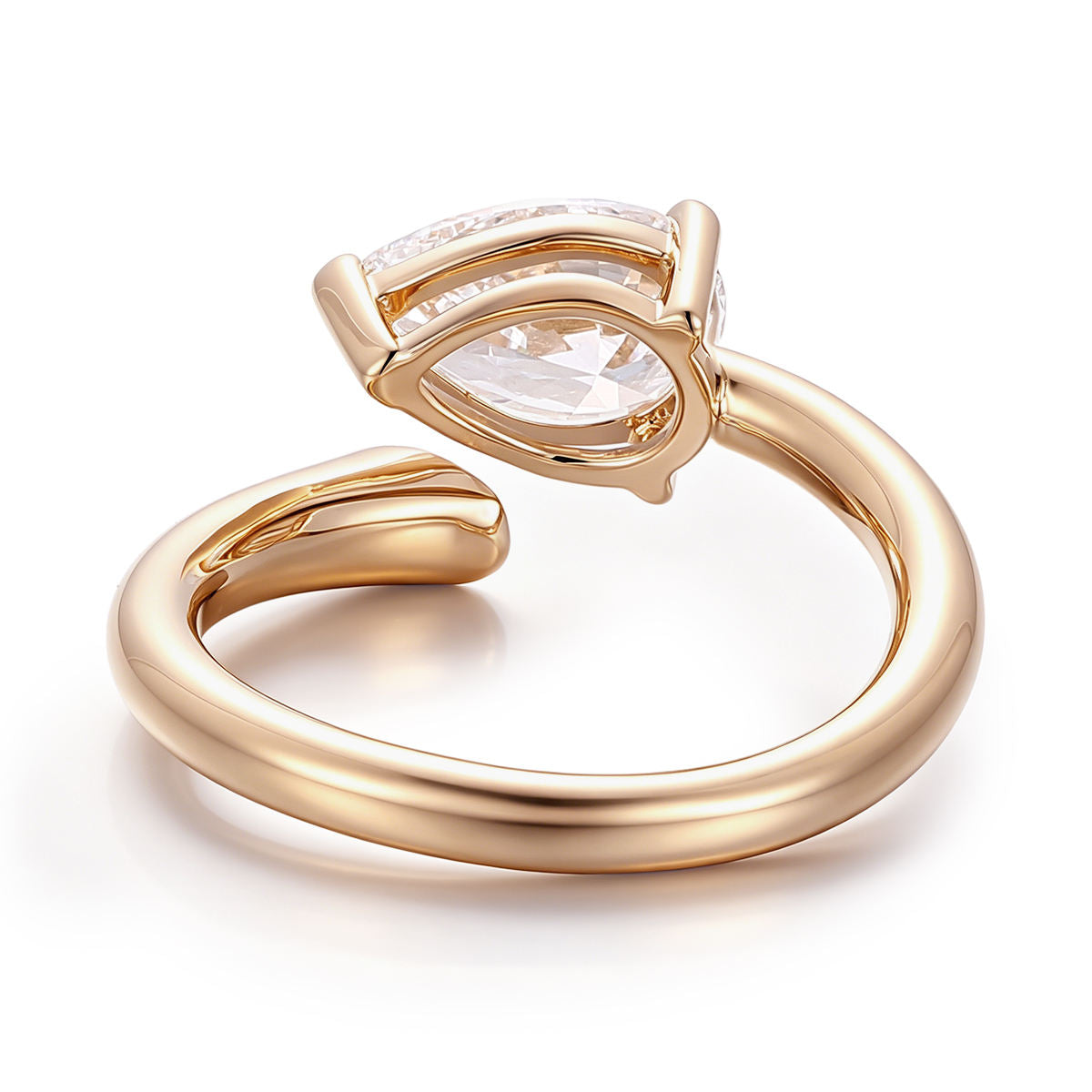 pear cut moissanite engagement ring in 14k yellow gold with modern open wrap design and bezel accent, perfect for proposal, wedding or promise ring