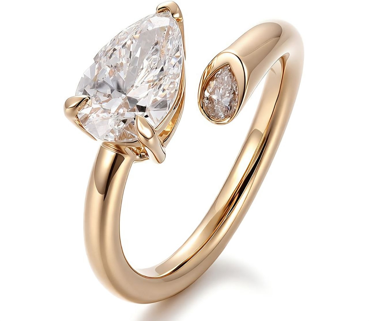 pear cut moissanite engagement ring in 14k yellow gold with modern open wrap design and bezel accent, perfect for proposal, wedding or promise ring