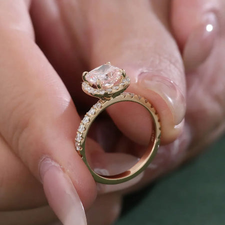 pink cushion cut  engagement ring in compass prong style