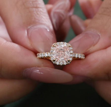 pink cushion cut  engagement ring in compass prong style