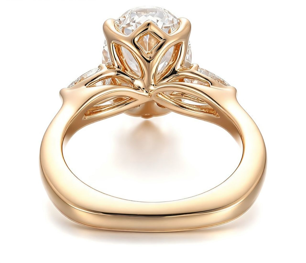 Oval moissanite three stone engagement ring with marquise side stones in solid 14K yellow gold