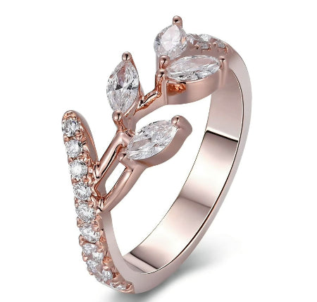 Nature Inspired Marquise Diamond Leaf Open Ring in Solid Rose Gold with Pavé Diamond Band for Women
