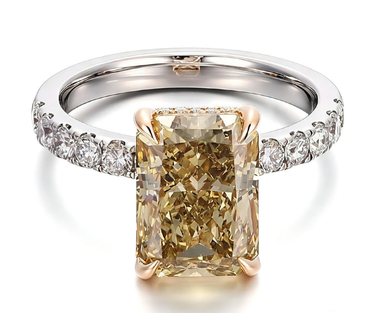 Radiant cut champagne moissanite engagement ring with hidden halo, pavé band, and two-tone 14K solid gold setting for women