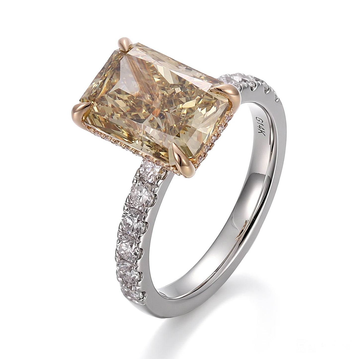 radiant cut champagne moissanite engagement ring with hidden halo, pavé band, and two-tone 14k solid gold setting for women