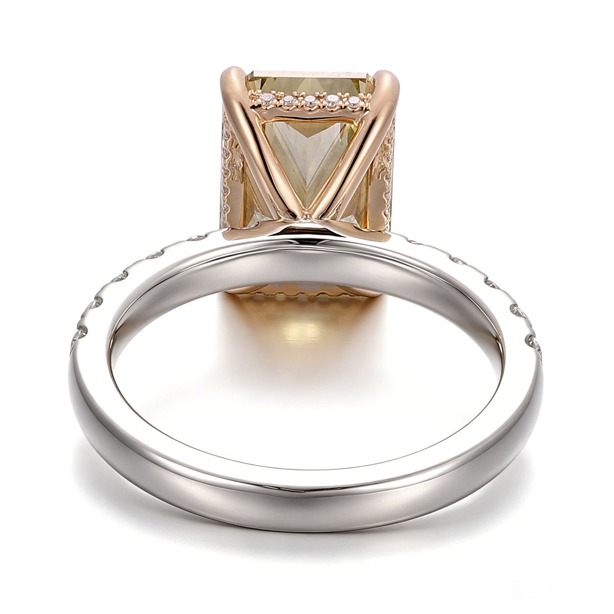 radiant cut champagne moissanite engagement ring with hidden halo, pavé band, and two-tone 14k solid gold setting for women