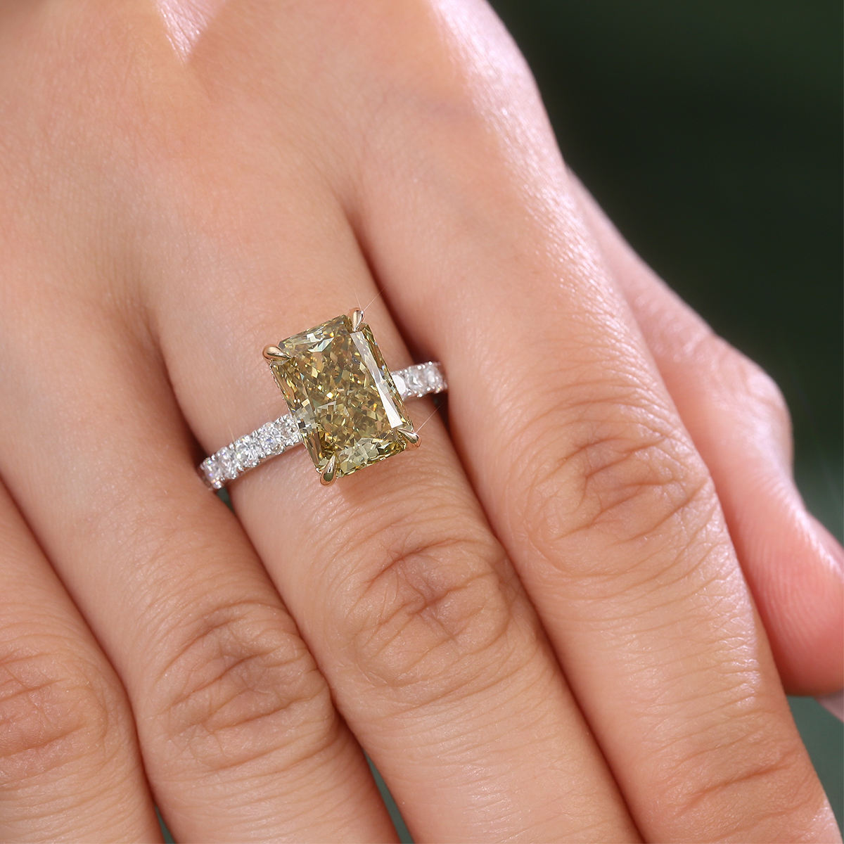 radiant cut champagne moissanite engagement ring with hidden halo, pavé band, and two-tone 14k solid gold setting for women