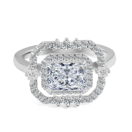 radiant cut double halo engagement ring in 14k white gold featuring moissanite diamond center stone