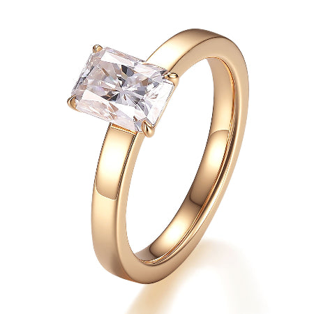 Radiant cut solitaire engagement ring in 14K solid yellow gold with minimalist polished band