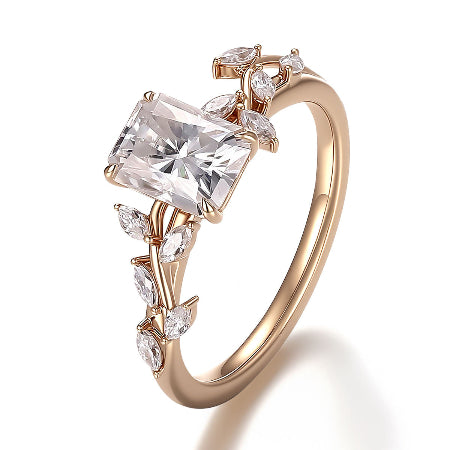 Radiant cut moissanite engagement ring with marquise leaf diamond vine band in solid 14K yellow gold nature inspired handmade ring for women