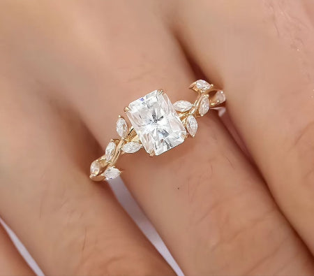 radiant cut moissanite engagement ring with marquise leaf diamond vine band in solid 14k yellow gold nature inspired handmade ring for women