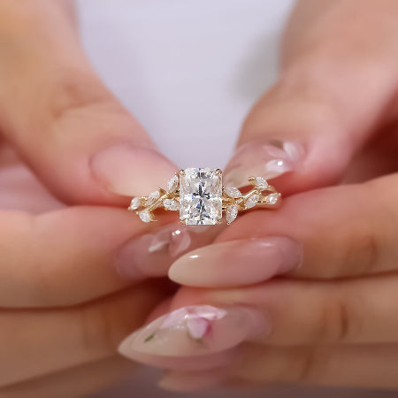 radiant cut moissanite engagement ring with marquise leaf diamond vine band in solid 14k yellow gold nature inspired handmade ring for women