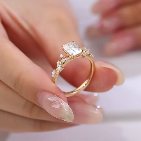 radiant cut moissanite engagement ring with marquise leaf diamond vine band in solid 14k yellow gold nature inspired handmade ring for women