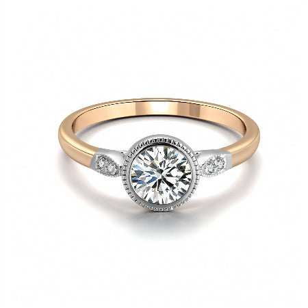 round bezel set moissanite engagement ring with a two-tone solid gold band and diamond side accents. modern minimalist solitaire ring for women.
