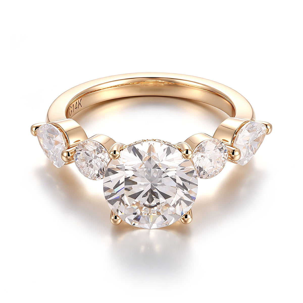 Round brilliant lab diamond five stone engagement ring in solid 14K yellow gold